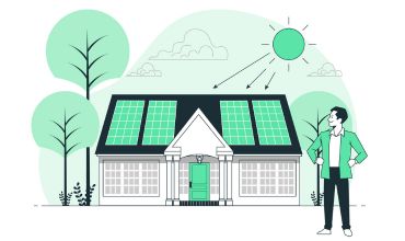 Les rayons du soleil viennent se déposer sur les panneaux photovoltaïques pour produire de l'électricité.